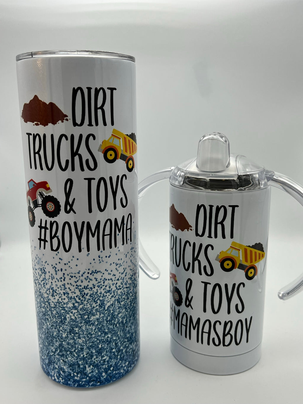 Boy Mom Tumbler, Mommy and Me Cups, Trucks Dirt and Toys Cup, Faux